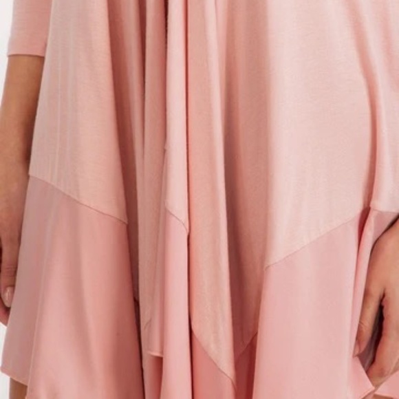 Long Sleeve V Neck Tunic Shark Bite Edging Midi Dress Pink - Picture 4 of 4